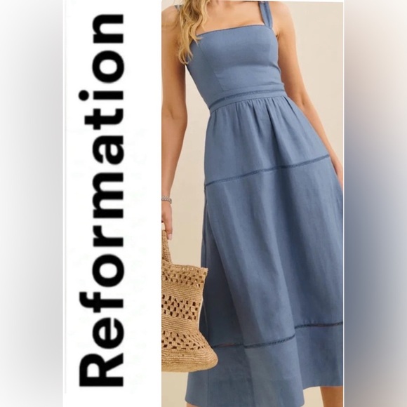 Reformation Everett Linen Dress 6 Cornflower $298 - Picture 1 of 12